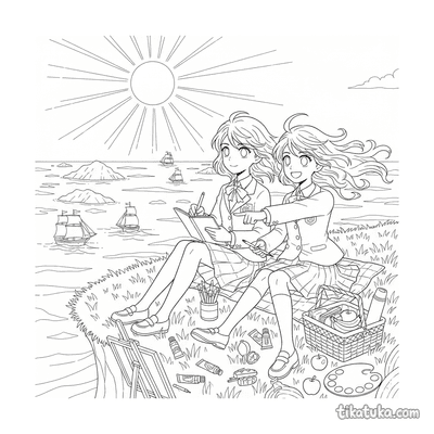 Anime Duo Sketching at Seaside Cliff