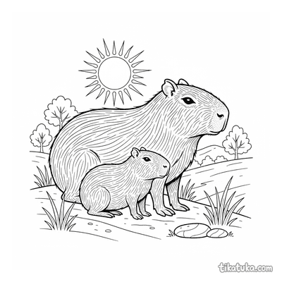 Baby Capybara and Parent at Sunset