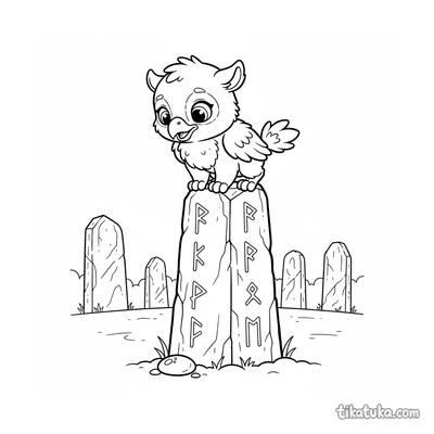 Baby Griffin on Rune-Carved Monolith