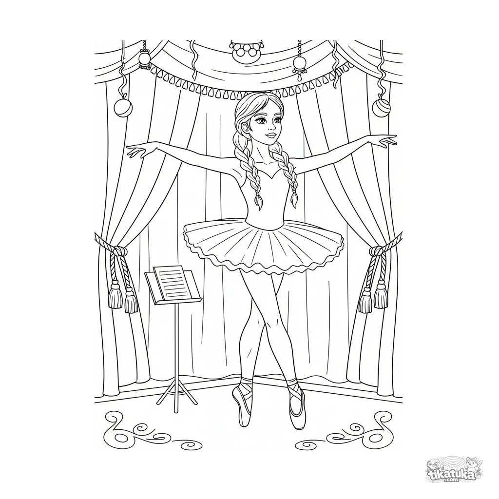 Ballerina Girl Practicing Pirouette by Festive Stage Curtains