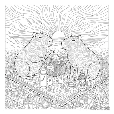 Capybara Friends at a Sunset Picnic