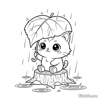 Chibi Cat Under Leaf Umbrella