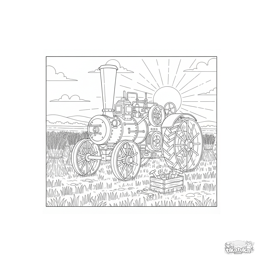 Vintage Steam Tractor in Harvest Field