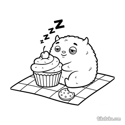 Fluffy Monster Napping on Cupcake