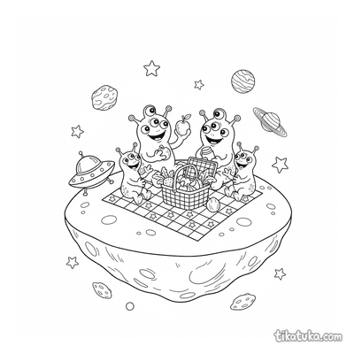 Alien Family Picnic on Asteroid