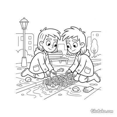 Friends Building Leaf Dam in Gutter