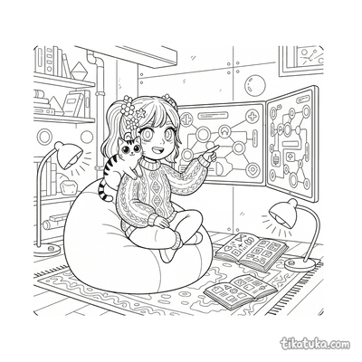 Girl Hacker with Cat at Monitors