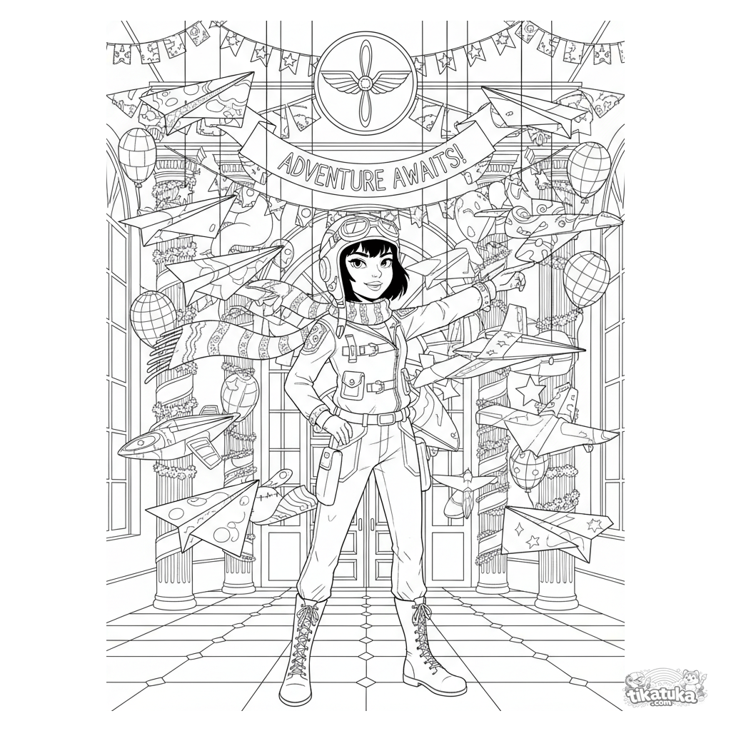 Girl in Vintage Aviator Gear Pointing at Paper Airplane Display