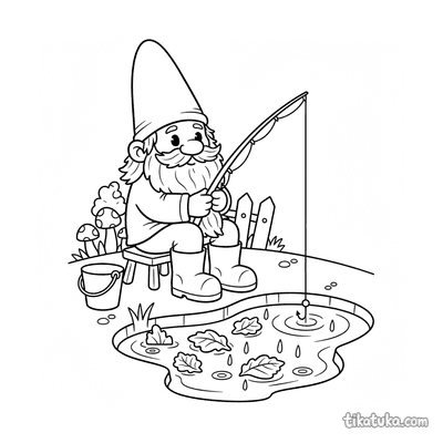 Gnome Fishing in Leaf Puddle in Rain