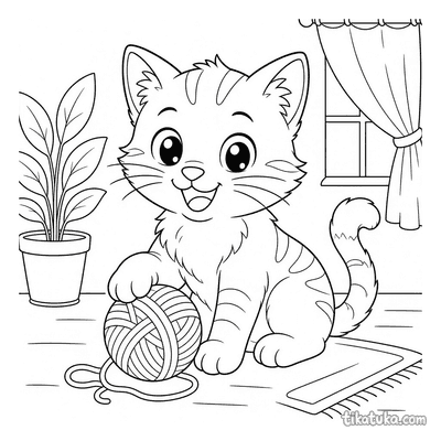 Happy Kitten Playing with Yarn