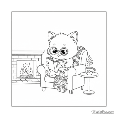 Kitten Reading by Fireplace