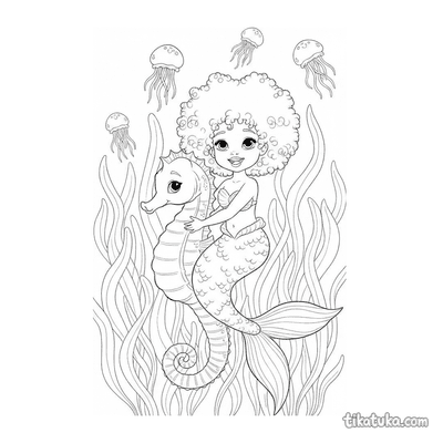 Curly-Haired Mermaid Riding Seahorse