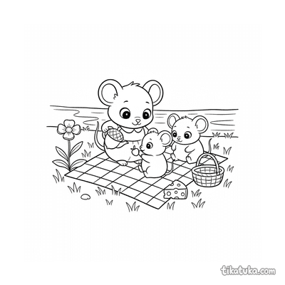 Mouse Family Picnic by the Stream