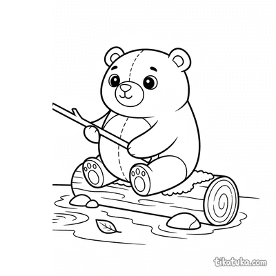 Plush Bear Fishing with a Stick