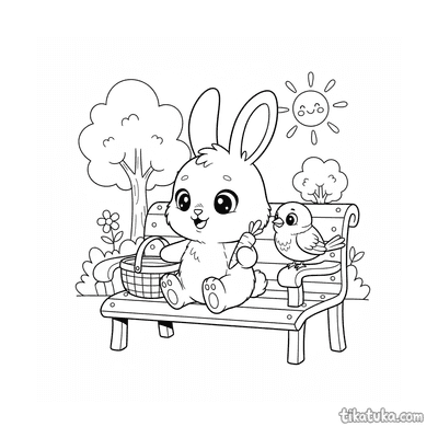 Rabbit Sharing Snack on Park Bench