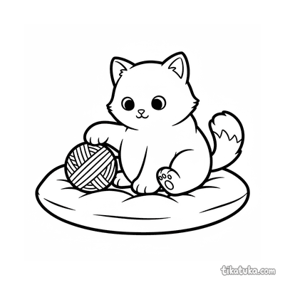 Kitten with Yarn on Cushion