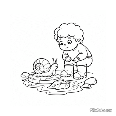 Toddler Watching Snail in Puddle