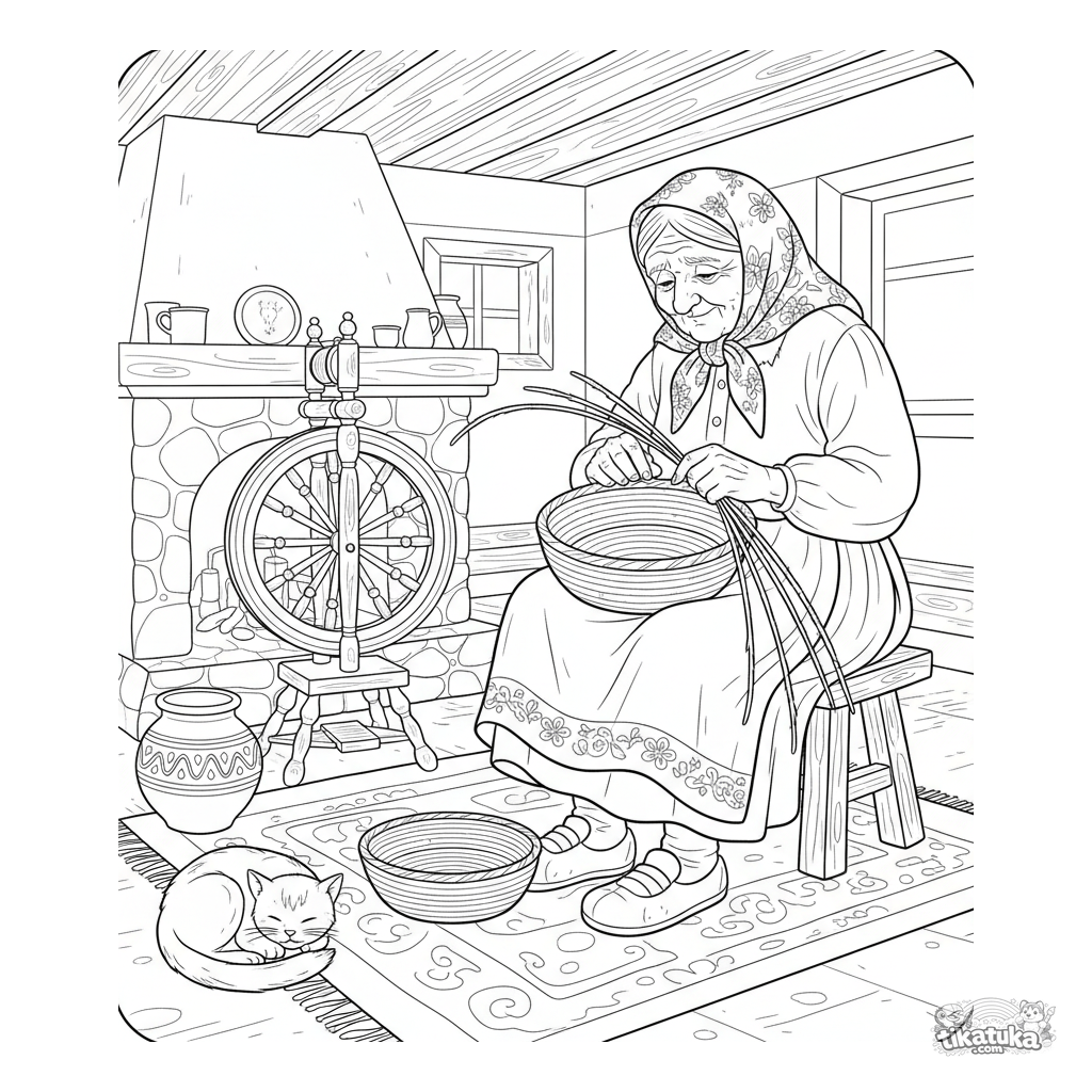 Grandmother Weaving a Basket in the Cottage