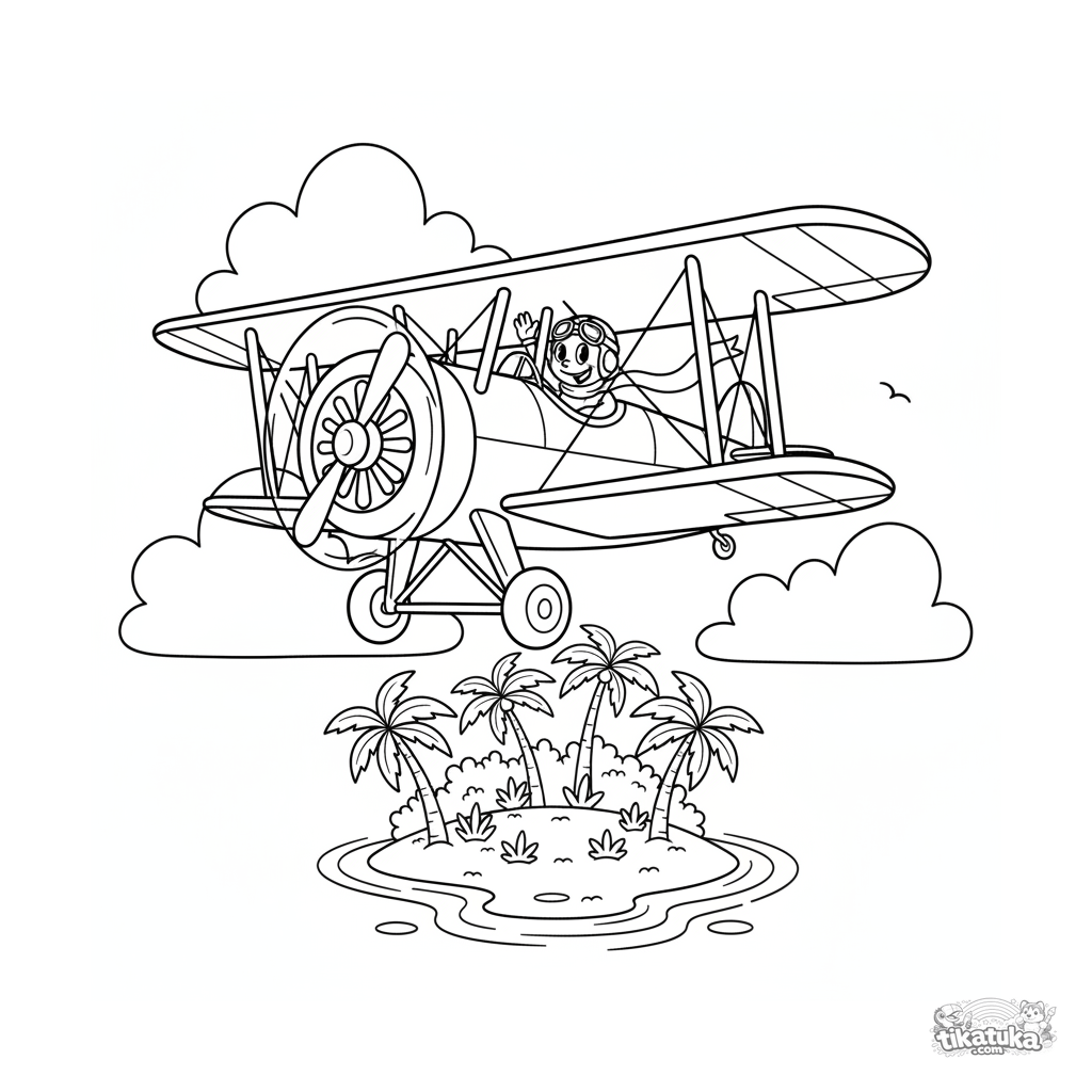 Vintage Biplane Banking Over Tropical Island