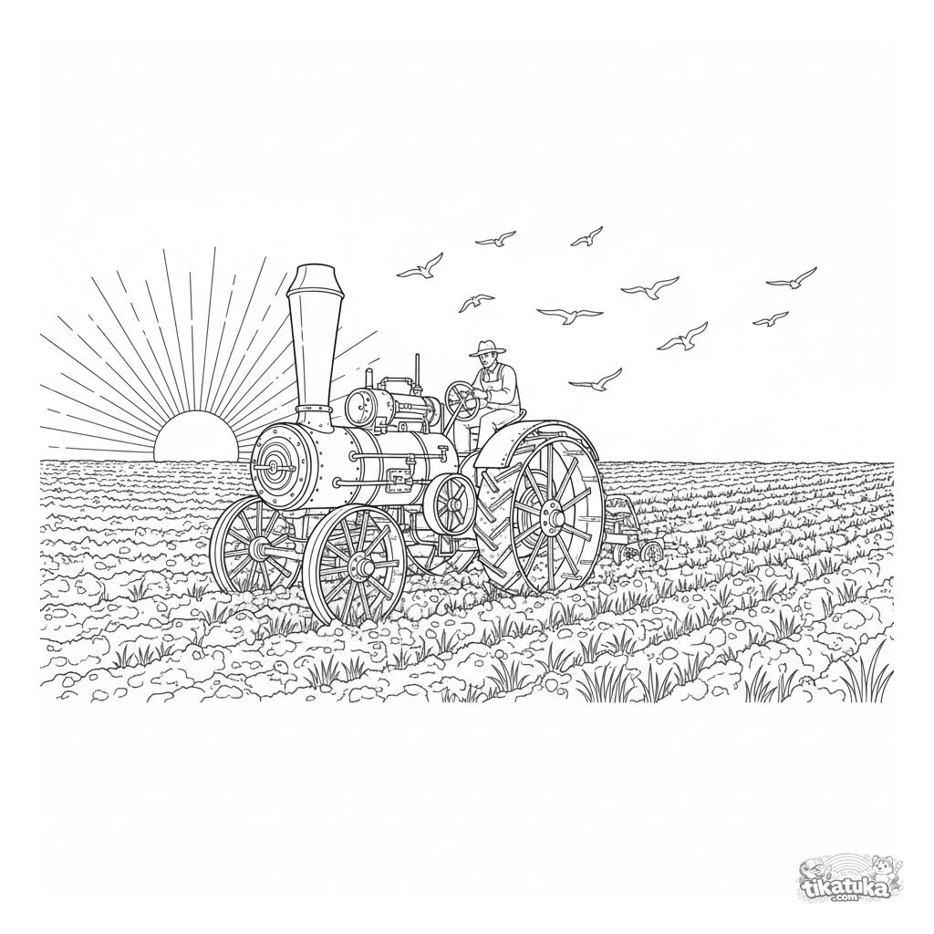 Vintage Steam Tractor Plowing Field at Sunrise