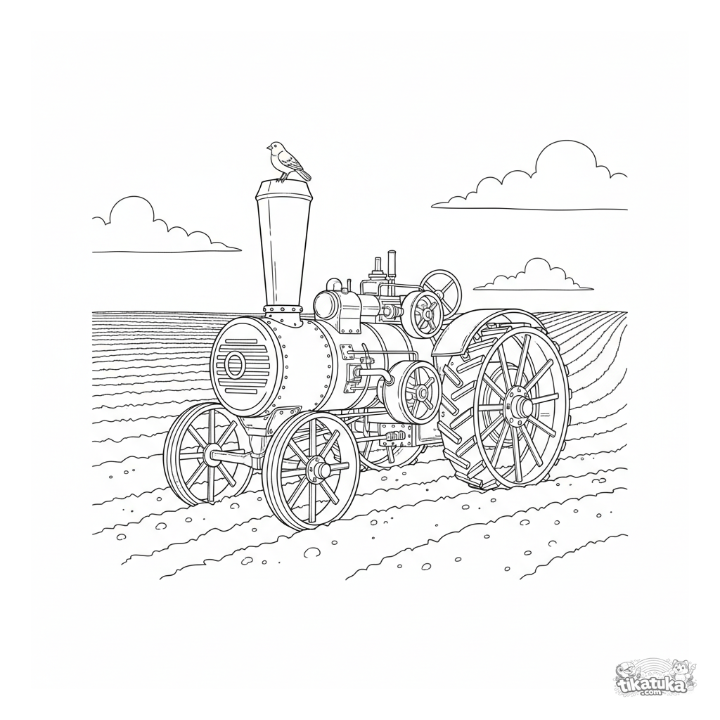 Vintage Steam Tractor Plowing Field