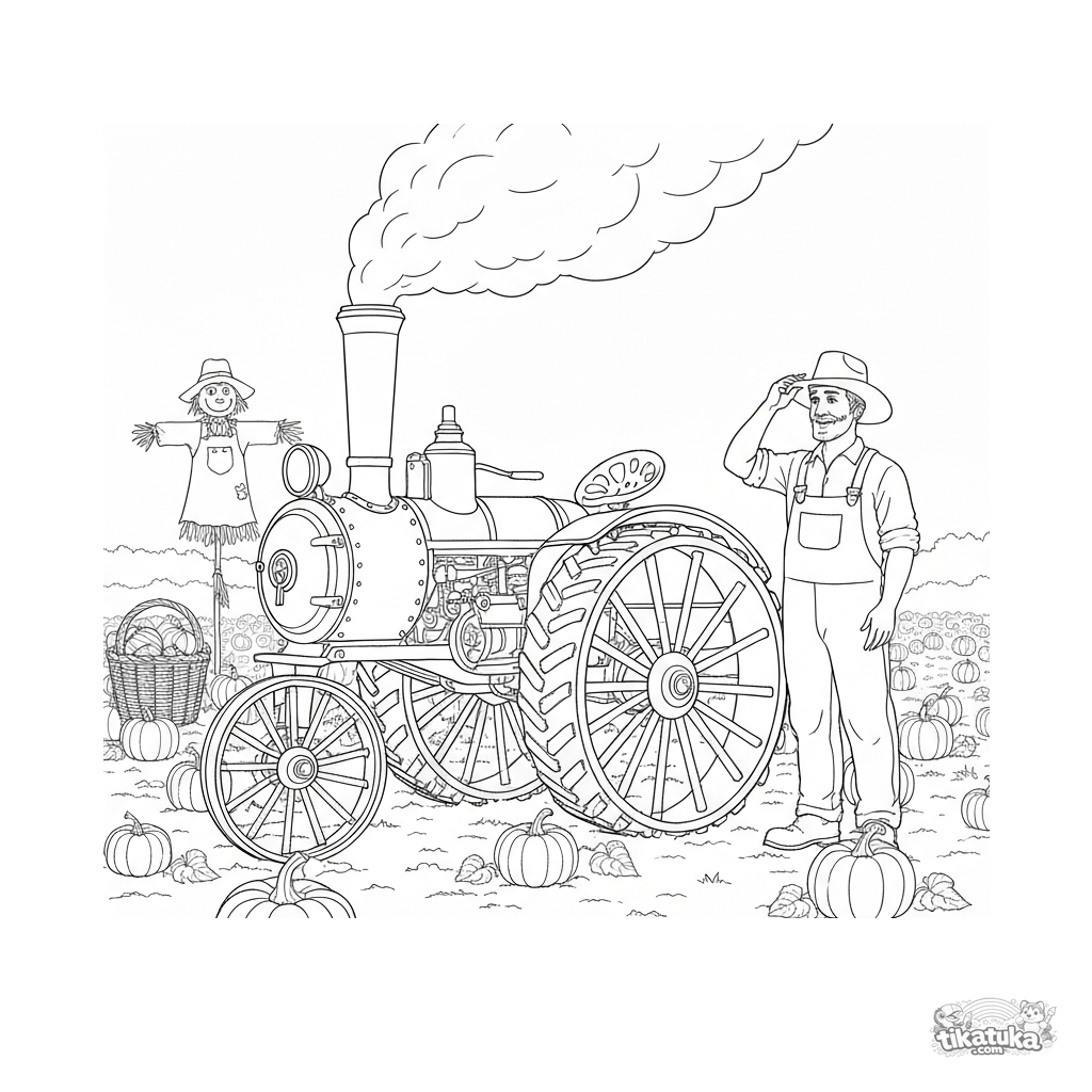 Vintage Steam Tractor in Pumpkin Field