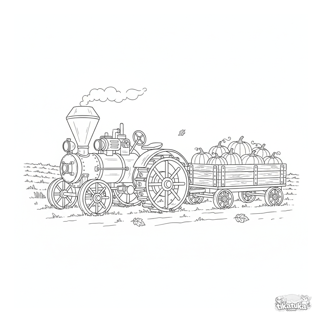 Vintage Steam Tractor with a Trailer Full of Pumpkins