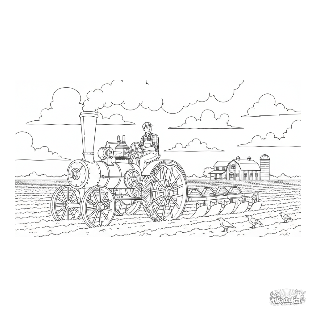Vintage Steam Tractor Plowing Field