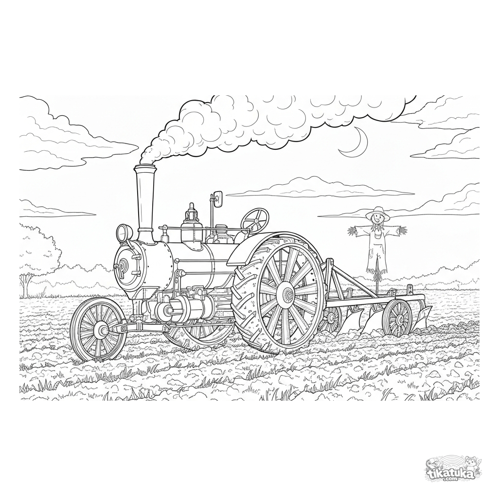 Vintage Steam Tractor Plowing Field