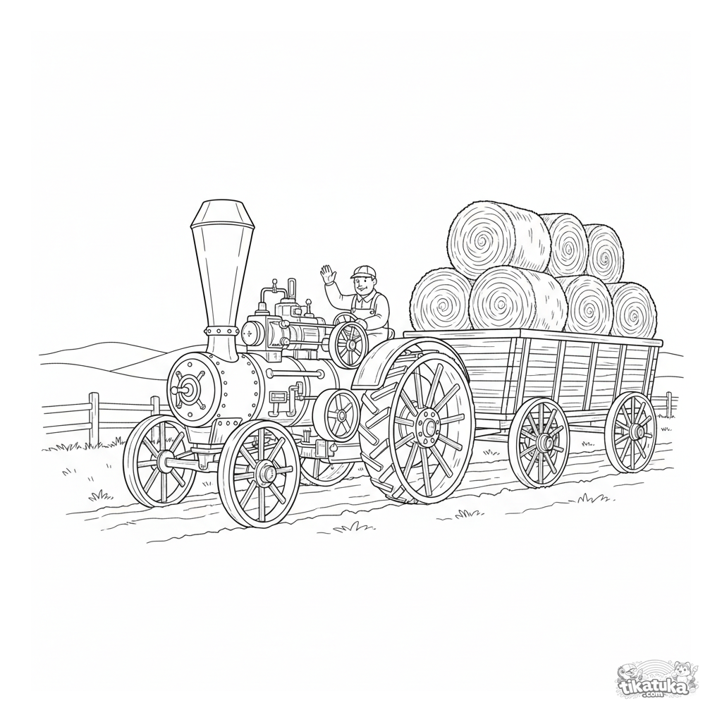 Vintage Steam Tractor Pulling a Hay Wagon