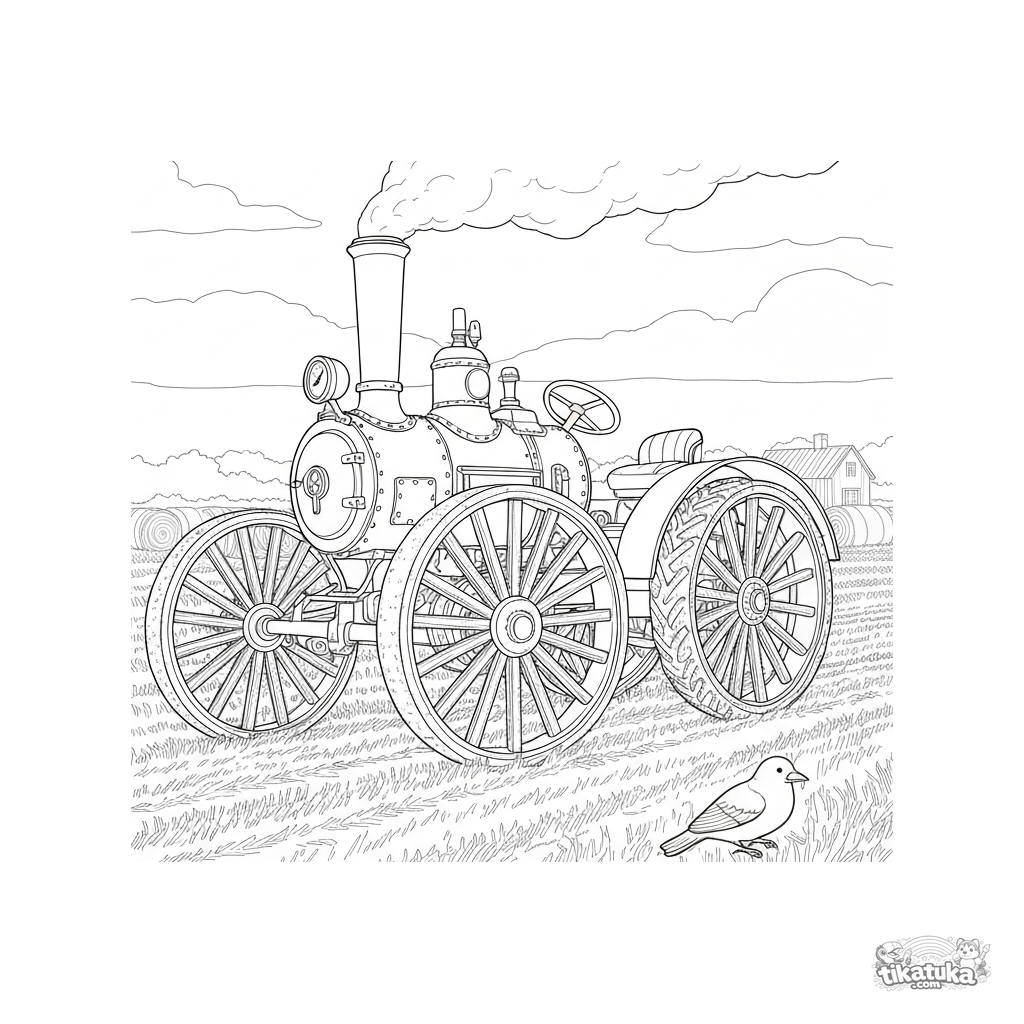 Vintage Steam Tractor in Harvest Field