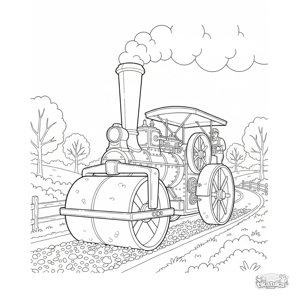 Vintage Steamroller with Smokestack Paving a Country Road