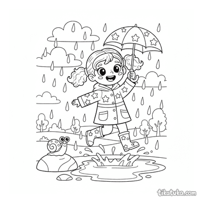 Girl in Raincoat Jumping in Puddles