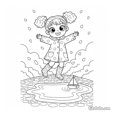 Girl in Raincoat Jumping in Puddles